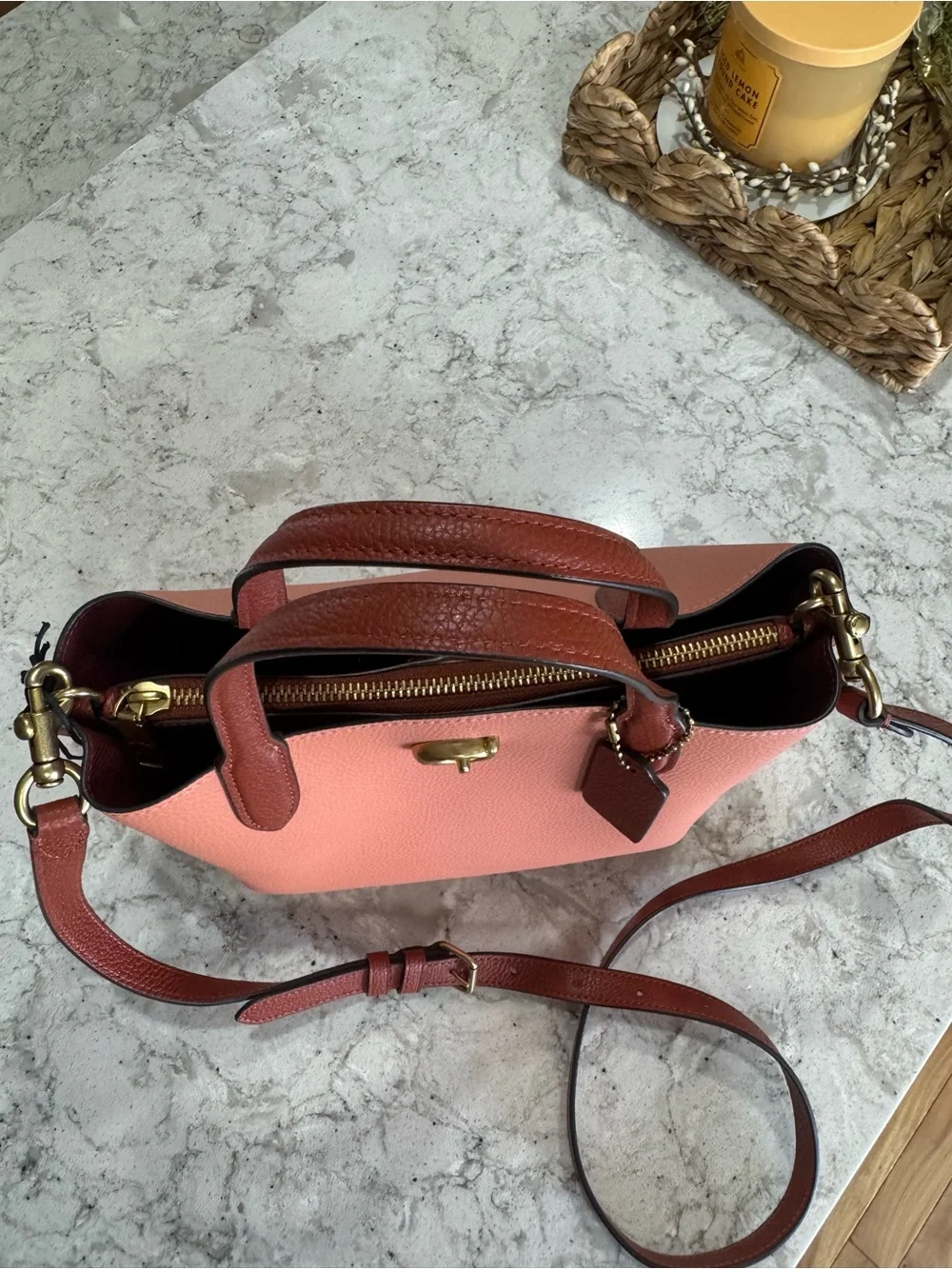 Coach Willow 24 Coral Leather Tote with Brown Trim